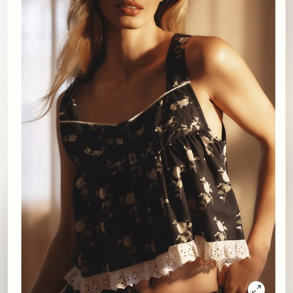 Anthropologie Black Floral Lace-Trim Tank Top